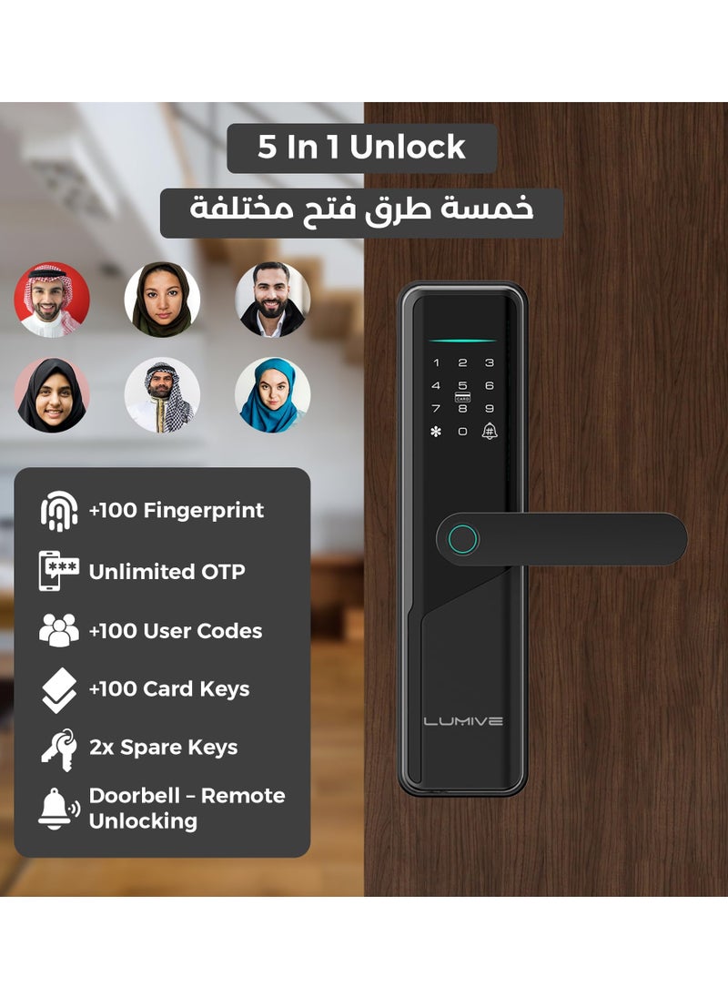 لوميف - قفل باب ذكي Lumive Guardian G12، دعم اللغة العربية، إصدار المملكة العربية السعودية Mortise 4585، التحكم في تطبيق WiFi، مناسب للأماكن الخارجية، إدخال بصمات الأصابع، كلمات المرور، Deadbolt، مفاتيح، 5 بطاقات RFID - Image 1