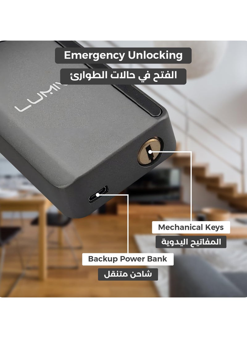 لوميف - قفل باب ذكي Lumive Guardian G12، دعم اللغة العربية، إصدار المملكة العربية السعودية Mortise 4585، التحكم في تطبيق WiFi، مناسب للأماكن الخارجية، إدخال بصمات الأصابع، كلمات المرور، Deadbolt، مفاتيح، 5 بطاقات RFID - Image 1
