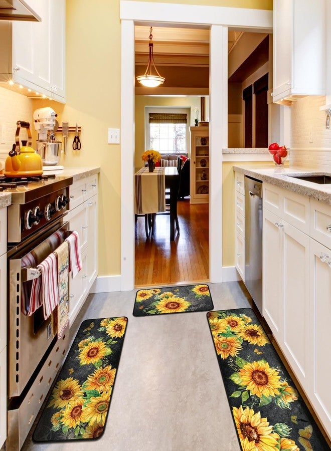 Fourluoo Sets of 3 Sunflower Kitchen Rugs and Mats Summer Non Slip Kitchen Rugs Washable Sunflower Door Mats for Floor Home Bathroom Cabin Farmhouse Decor - Image 2