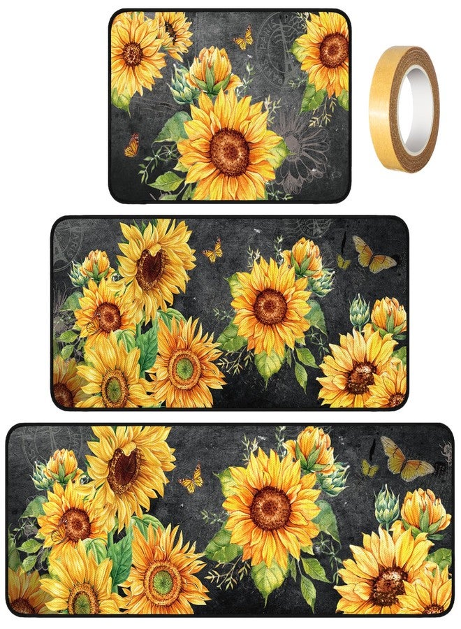 Fourluoo Sets of 3 Sunflower Kitchen Rugs and Mats Summer Non Slip Kitchen Rugs Washable Sunflower Door Mats for Floor Home Bathroom Cabin Farmhouse Decor - Image 1