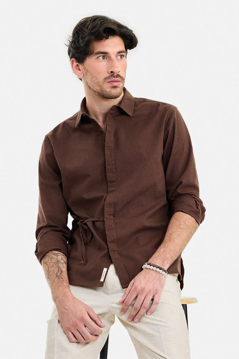 سنيتش Brown Solid Long Sleeve Regular Fit Shirt