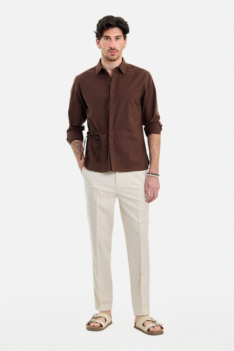 سنيتش Brown Solid Long Sleeve Regular Fit Shirt