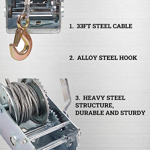 LFGUD Hand Winch Boat Trailer Winch 2500lbs Heavy Duty Hook with 33ft Steel Cable, Two Way Ratchet Manual Operated Winch for Trailers ATV UTV Boat Marine - Image 5