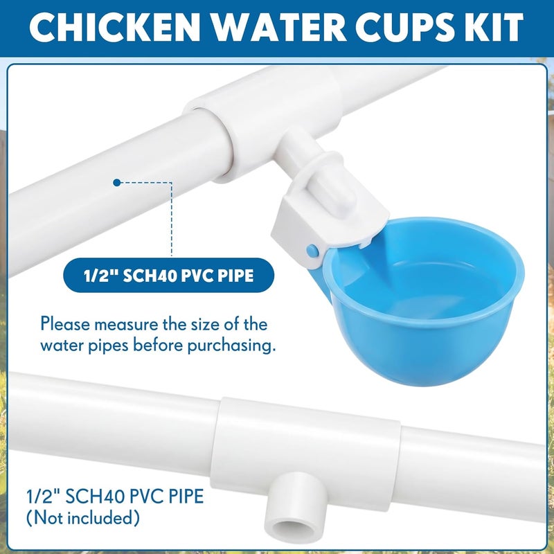 LemonRoad 30 Set Automatic Chicken Waterer Cups with 1/2" PVC Tee Fitting Chicken Drinking Bowl, Poultry Drinker Mounting Hole Opener,Water Dispenser Feeder for Duck, Goose, Pigeon(Light Blue) - Image 3