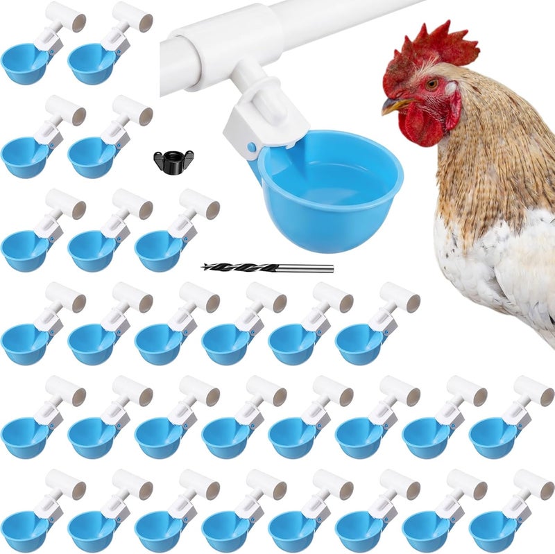 LemonRoad 30 Set Automatic Chicken Waterer Cups with 1/2" PVC Tee Fitting Chicken Drinking Bowl, Poultry Drinker Mounting Hole Opener,Water Dispenser Feeder for Duck, Goose, Pigeon(Light Blue) - Image 1