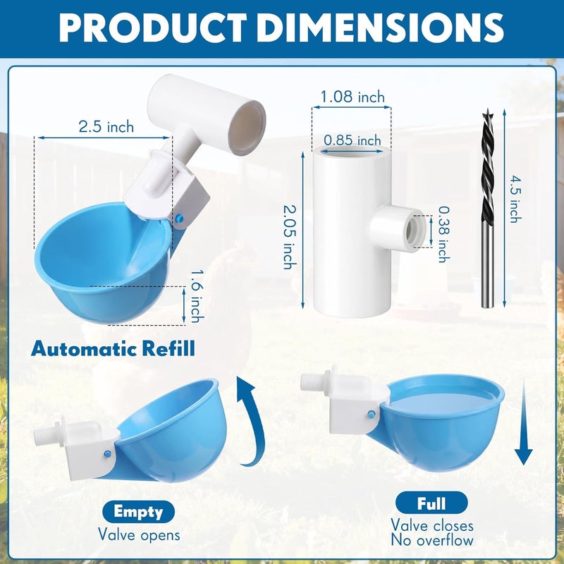 LemonRoad 30 Set Automatic Chicken Waterer Cups with 1/2" PVC Tee Fitting Chicken Drinking Bowl, Poultry Drinker Mounting Hole Opener,Water Dispenser Feeder for Duck, Goose, Pigeon(Light Blue) - Image 2