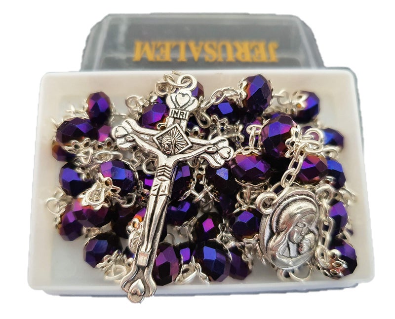 Jerusalem Deep Purple Crystal Double Crowned Beads Catholic Rosary Necklace in Gift Box
