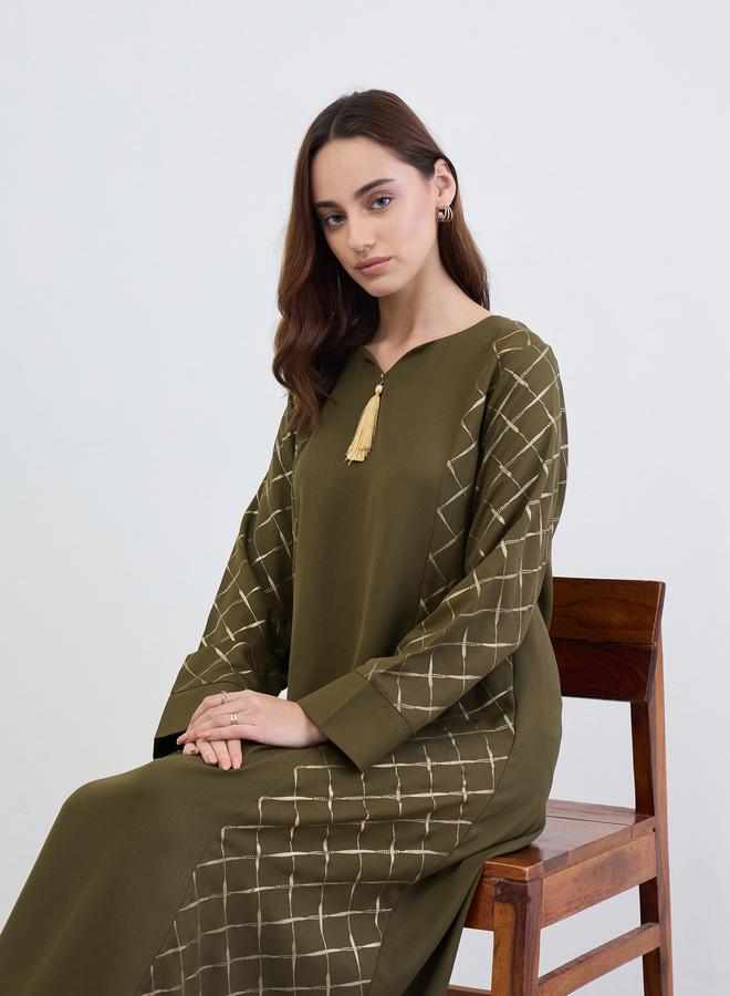 أميرة جلابية بحافة واسعة وطبعة بلون ذهبي - Image 1