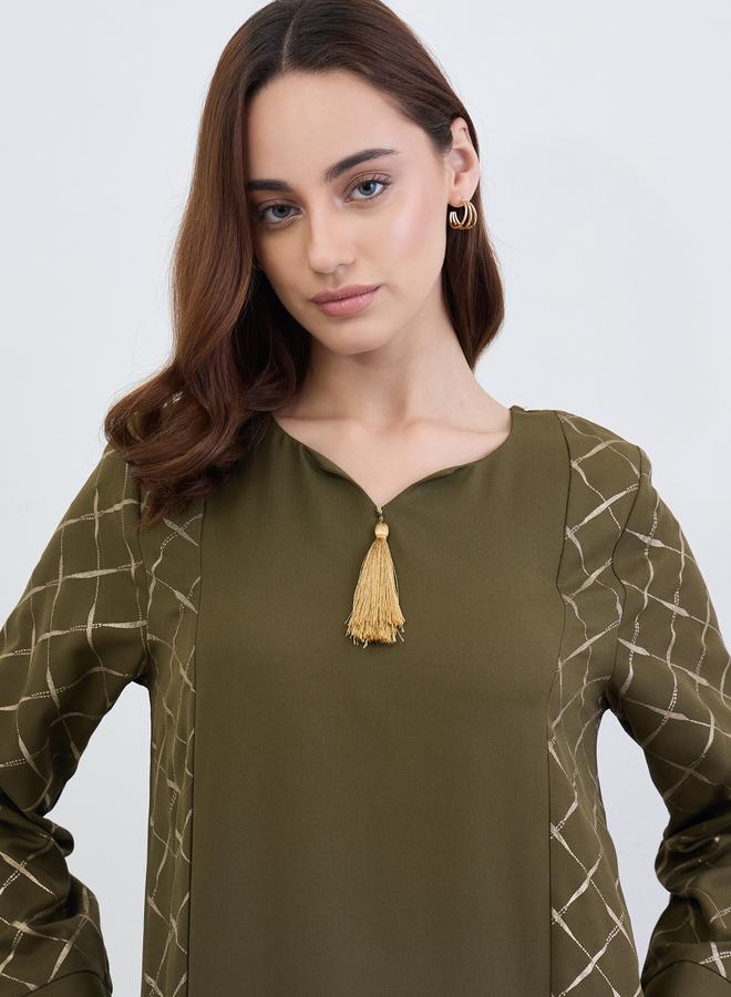 أميرة جلابية بحافة واسعة وطبعة بلون ذهبي - Image 4