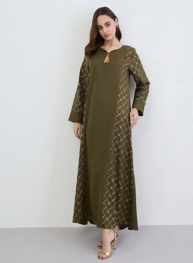Green A-Line Jalabiya with Gold Lattice Print