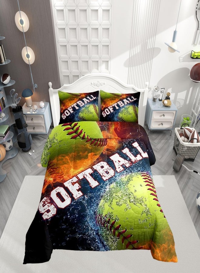 Castle Fairy 3D Softball Bedding Sets 3 Pcs,Ice and Fire Comforter for Kids Teens Adults,Boys Gamer Duvet Insert Soft Room Decor,Ball Sports Gaming Comforter Sets Full Size with 2 Pillowcase - Image 1