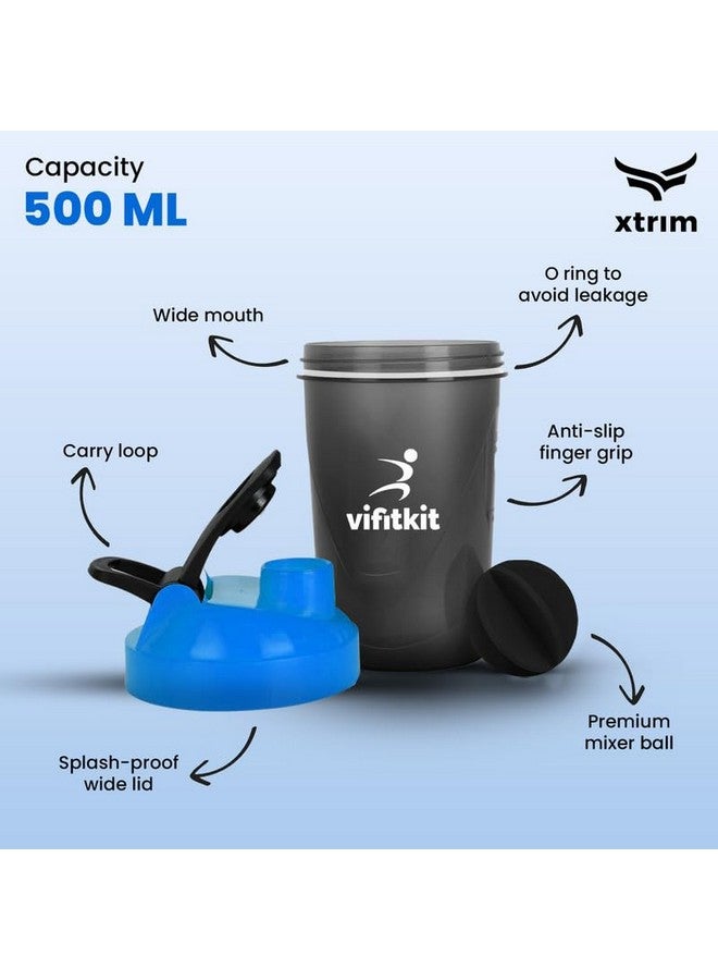 Vifitkit زجاجة فيفيتكيت المدمجة (500 مل) لاهتزاز البروتين لصالة الألعاب الرياضية، زجاجة شرب للرجال والنساء (أزرق ورمادي) - Image 3