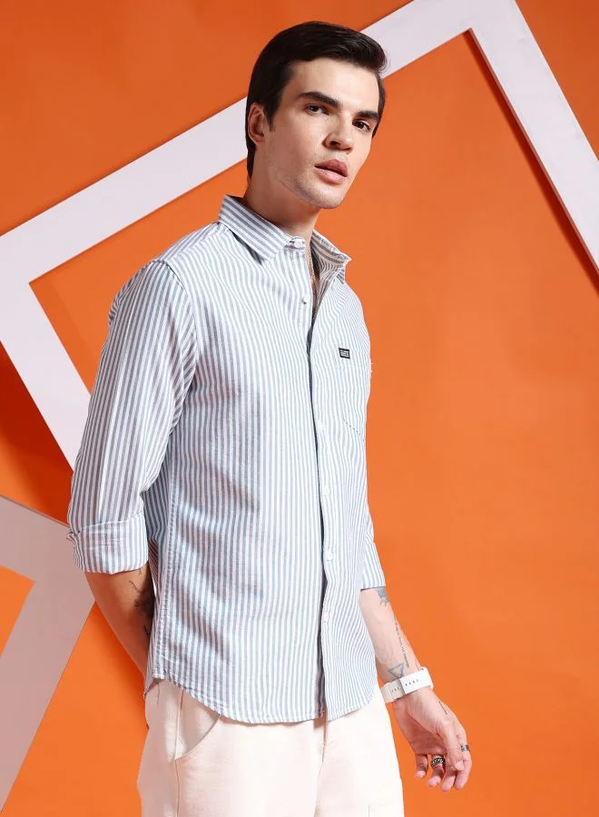 شركة المرآب الهندية Men Slim Fit Striped Full Sleeves Cutaway Collar Casual Shirt