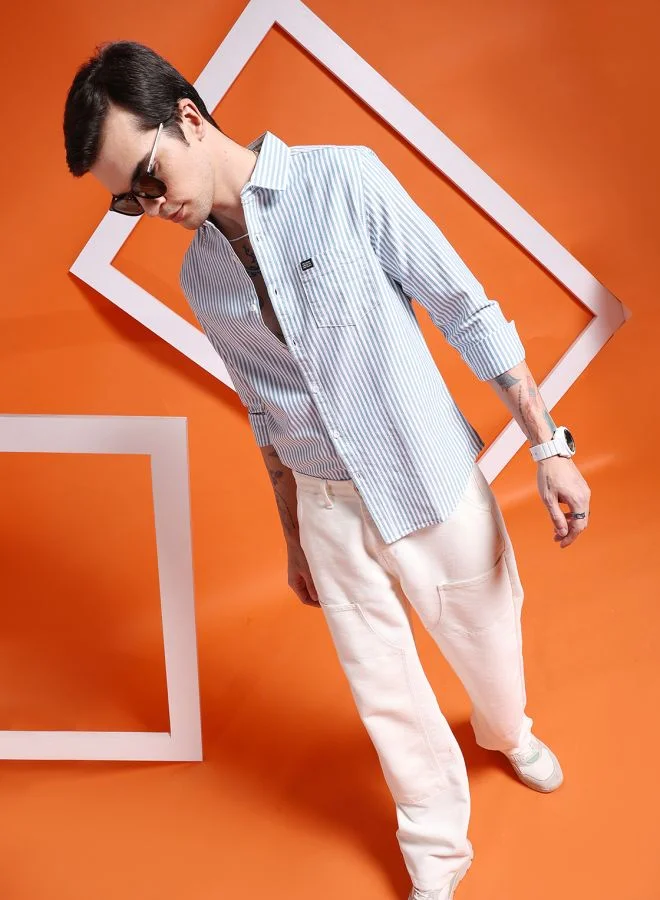 شركة المرآب الهندية Men Slim Fit Striped Full Sleeves Cutaway Collar Casual Shirt