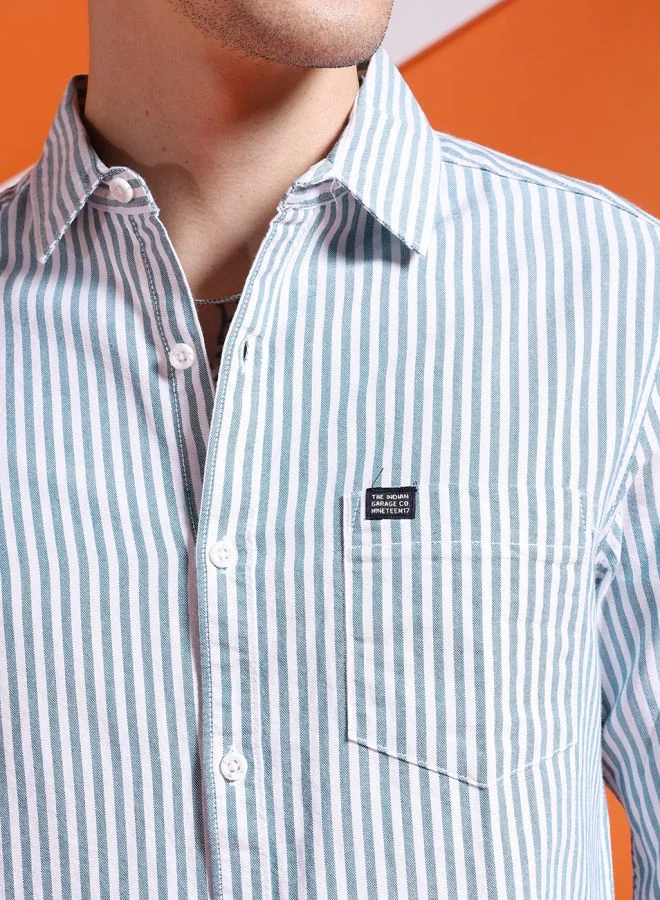 شركة المرآب الهندية Men Slim Fit Striped Full Sleeves Cutaway Collar Casual Shirt