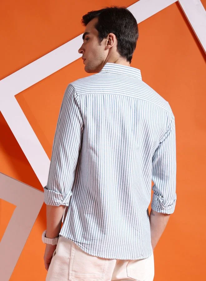 شركة المرآب الهندية Men Slim Fit Striped Full Sleeves Cutaway Collar Casual Shirt