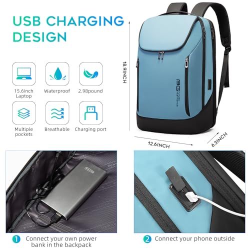 BANGE Business Smart Backpack Waterproof fit 15.6 Inch Laptop Backpack with USB Charging Port,Travel Durable Backpack (Light Blue(three Pocket), Medium) - Image 3