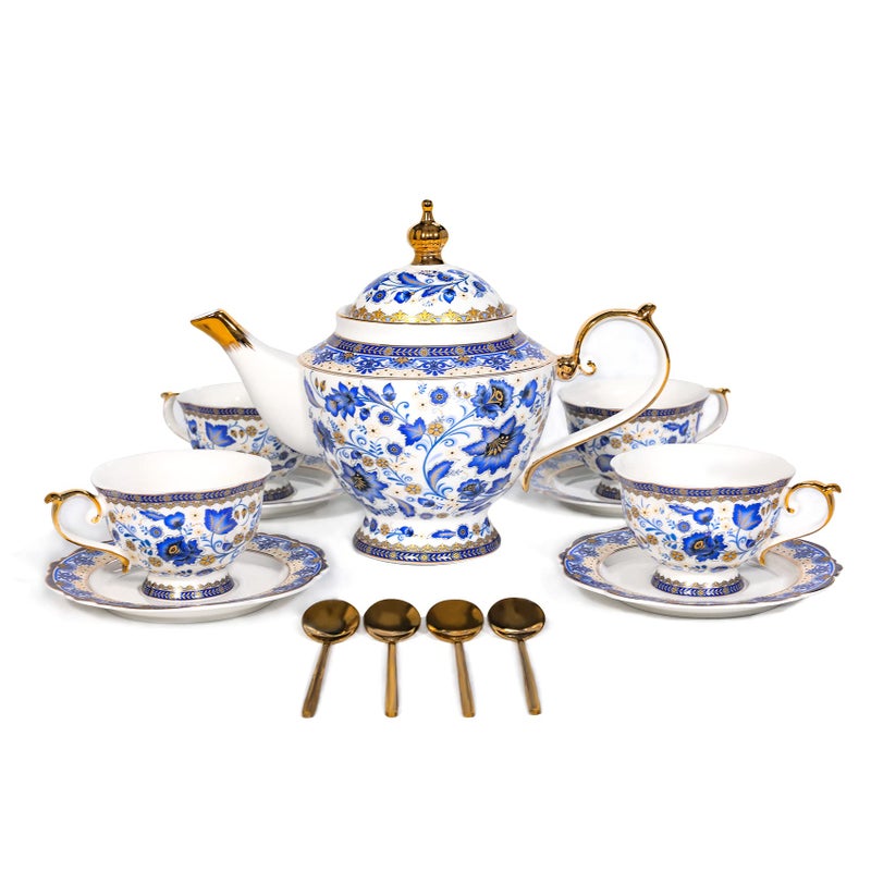 ACMLIFE Bone China Tea Set with Teapot Blue and White Tea Set for Adults Vintage Floral Tea Sets for Women Tea Party or Gift Giving