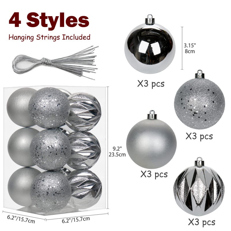 Briful 12PCS 3.15"" Christmas Ball Ornaments Shatterproof Silver Christmas Tree Decorations Xmas Tree Balls Halloween Ornaments D?cor - Image 2