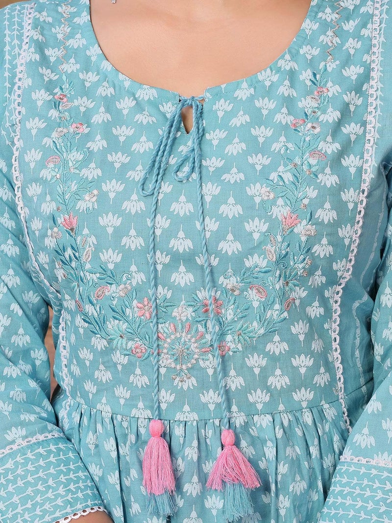 rangita Blue Cotton Calf Length Embroidered Anarkali Kurti | Kurta for Women_M - Image 2