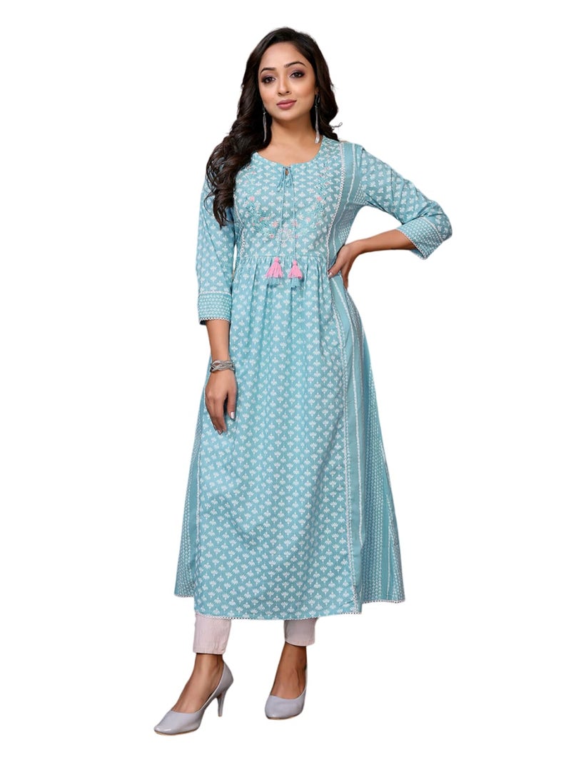 rangita Blue Cotton Calf Length Embroidered Anarkali Kurti | Kurta for Women_M - Image 1