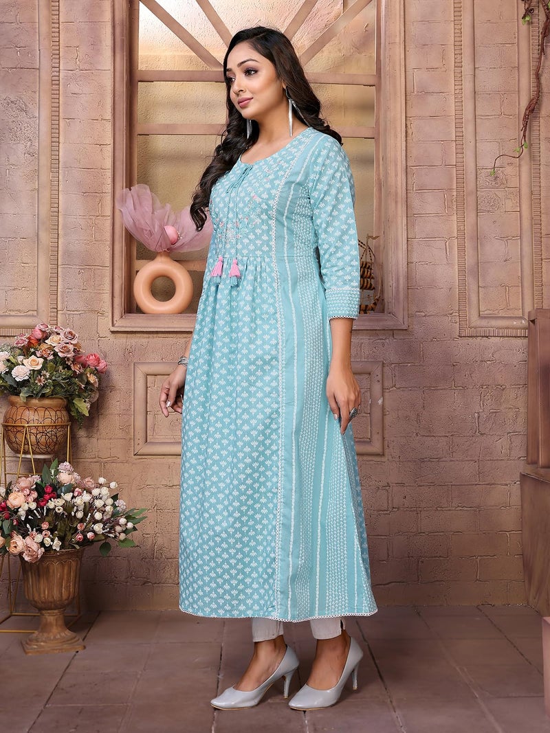rangita Blue Cotton Calf Length Embroidered Anarkali Kurti | Kurta for Women_M - Image 3