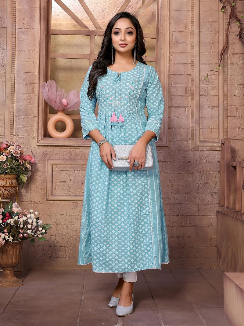 rangita Blue Cotton Calf Length Embroidered Anarkali Kurti | Kurta for Women_M - Image 5