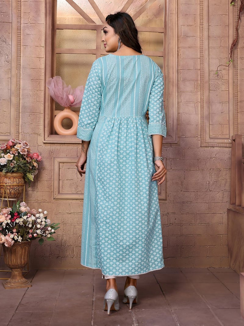 rangita Blue Cotton Calf Length Embroidered Anarkali Kurti | Kurta for Women_M - Image 4