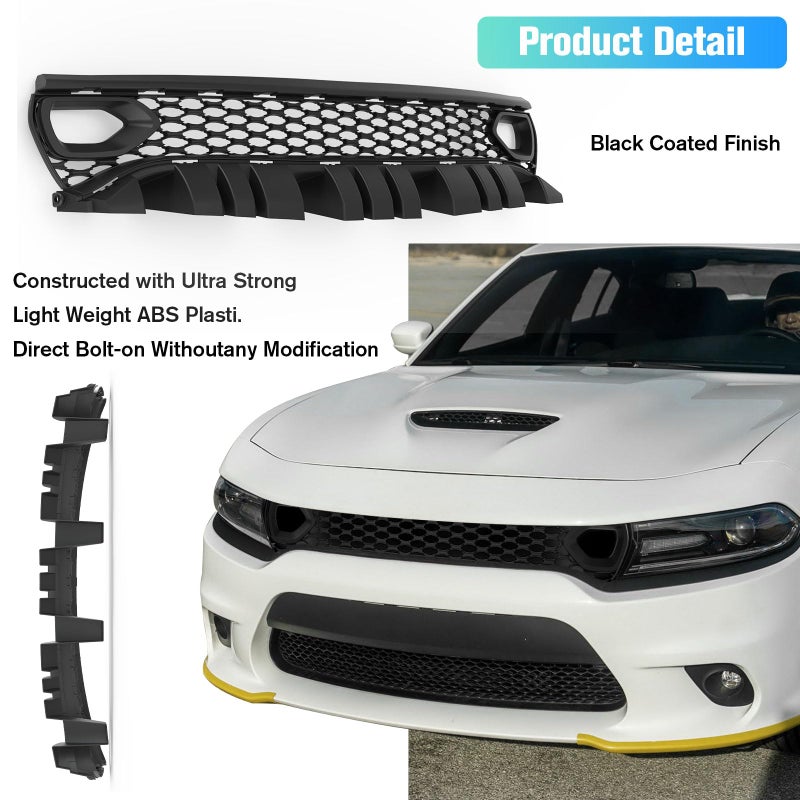LitMiRaCle Front Upper Grille Assembly Compatible With 2015-2023 Dodge Charger SRT Pursuit R/T SE GT Scat Pack Daytona Replacement for 68417502AA Mesh Grill W/ 2 Side Bezels - Image 5