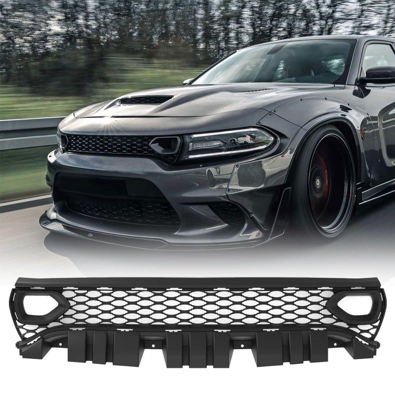 LitMiRaCle Front Upper Grille Assembly Compatible With 2015-2023 Dodge Charger SRT Pursuit R/T SE GT Scat Pack Daytona Replacement for 68417502AA Mesh Grill W/ 2 Side Bezels - Image 1