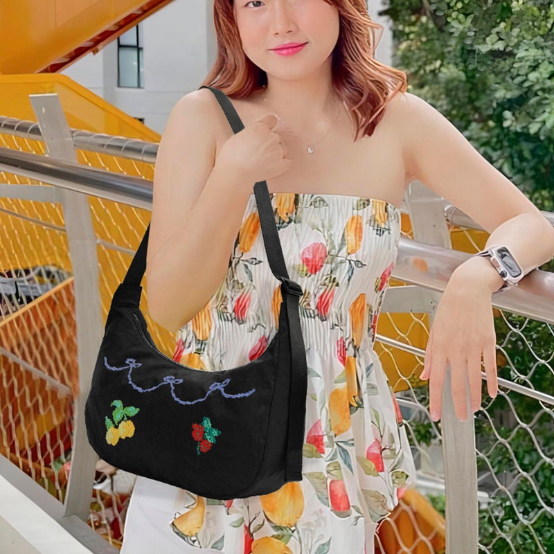 FASTFAIRY Embroidered Medium Nylon Crescent Bag - Casual Shoulder Crossbody with Adjustable Strap & Dual Interior Pockets - Image 2