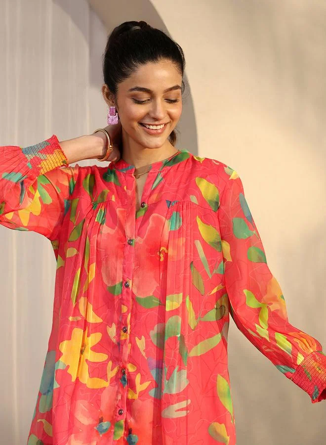 Libas Coral Floral Print Chiffon Top