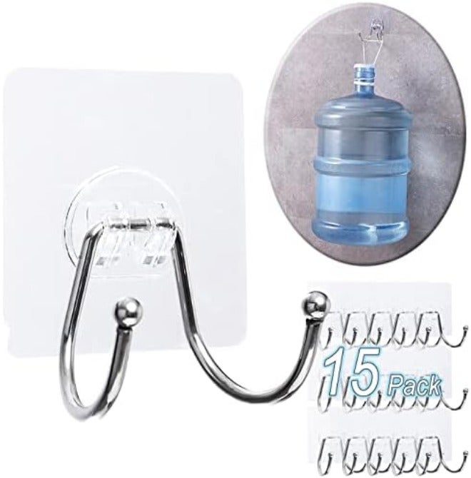 CenterZ 15 Pack Large Double Adhesive Wall Hooks, Damage-Free Waterproof 33 Ib Max Heavy Duty Hanging Clear Seamless Sticky Utility Hooks, Towel Coats Hats Clothes Nail Free Hangers (Twin Round Head) - Image 1