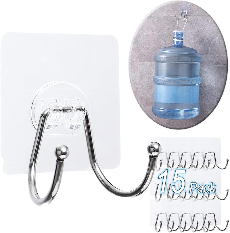 CenterZ 15 Pack Large Double Adhesive Wall Hooks, Damage-Free Waterproof 33 Ib Max Heavy Duty Hanging Clear Seamless Sticky Utility Hooks, Towel Coats Hats Clothes Nail Free Hangers (Twin Round Head) - Image 2