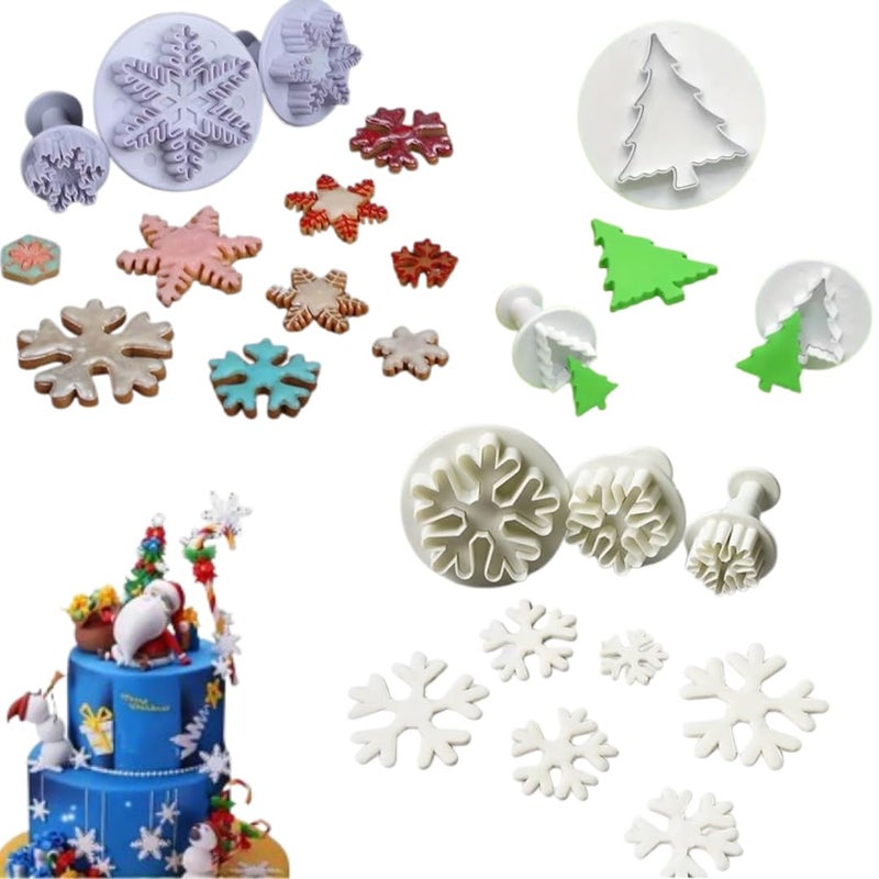 LEGACYCART 9pc 3D Christmas Snowflake and Tree Cookie Cutter Set Fondant Dough and Cookie Stamps for Baking Biscuits Cake Decorations Cupcake Toppers Party Snacks Pack of 3 - Image 1