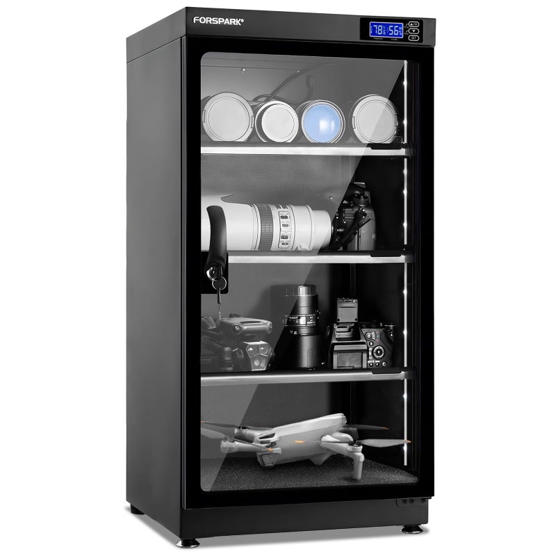 FORSPARK 100L Large Camera Dehumidifier Dry Cabinet Quiet Humidity Control Storage with Lock  3 Adjustable Shelves for DSLR Lenses Drones Electronics  8W Energy Efficient Black
