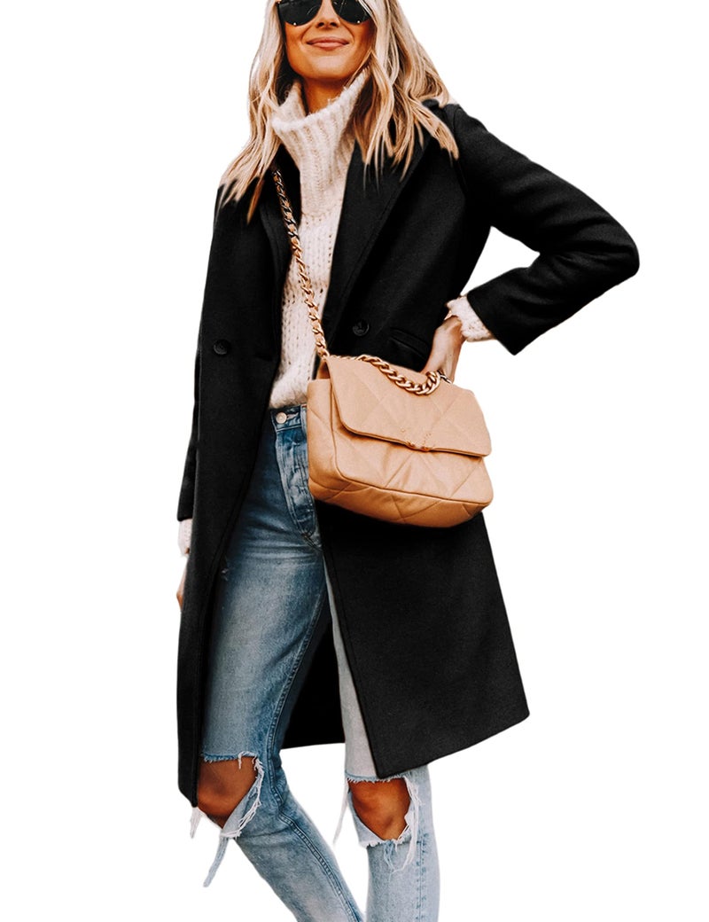 Tanming Women's Notch Lapel Double Breasted Wool Blend Mid Long Pea Trench Coat (Black-XL) - Image 2