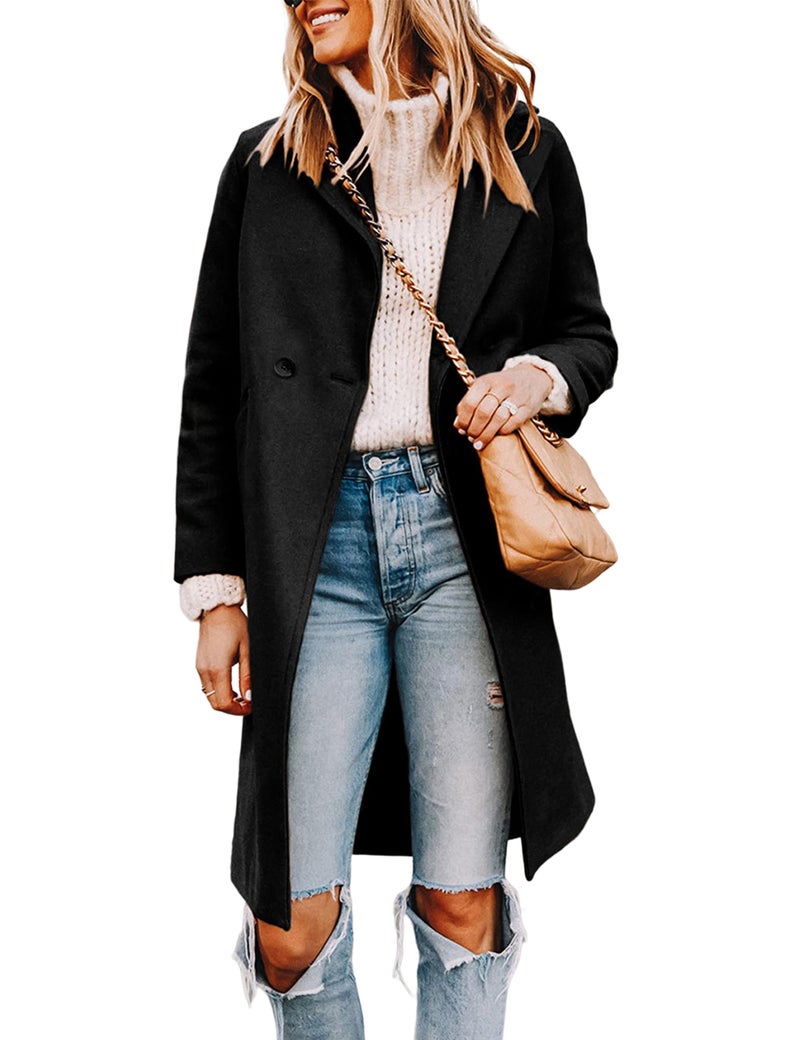 Tanming Women's Notch Lapel Double Breasted Wool Blend Mid Long Pea Trench Coat (Black-XL) - Image 1