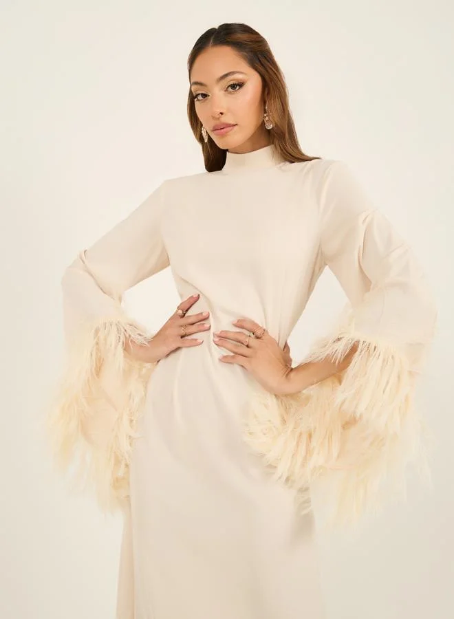 Styli Faux Fur Trim Detail High Neck Midi Dress