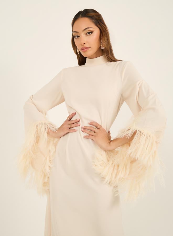 Styli Faux Fur Trim Detail High Neck Midi Dress  - Image 4