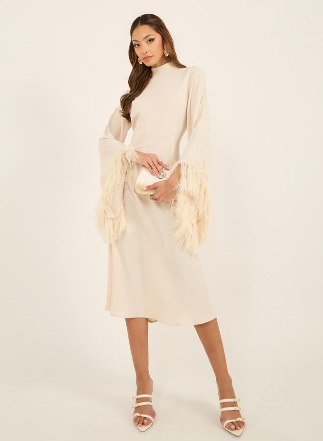 Styli Faux Fur Trim Detail High Neck Midi Dress  - Image 2
