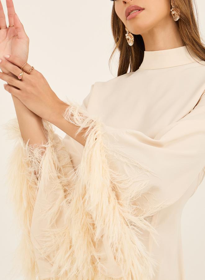 Styli Faux Fur Trim Detail High Neck Midi Dress  - Image 5