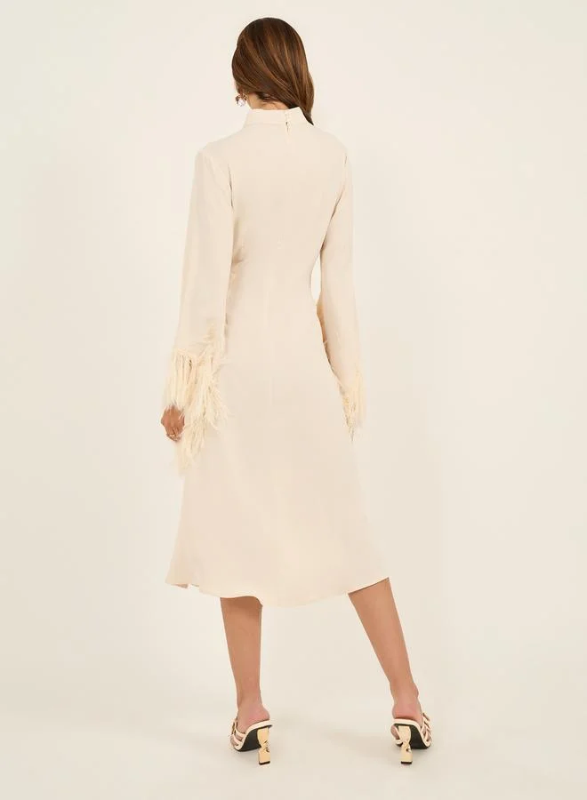 Styli Faux Fur Trim Detail High Neck Midi Dress