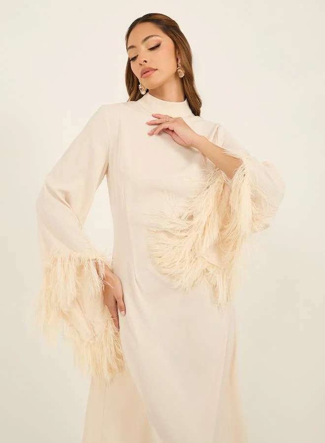 Styli Faux Fur Trim Detail High Neck Midi Dress