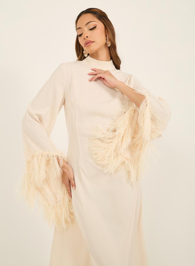 Styli Faux Fur Trim Detail High Neck Midi Dress  - Image 3