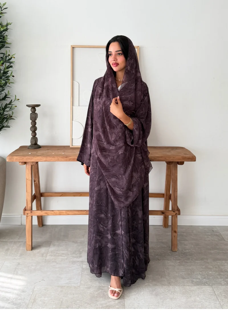 Lusin Abaya Rippled Indian Chiffon Lined Abaya with Veil – Mauve