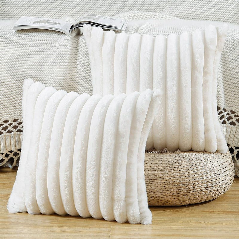 Madizz Set of 2 Faux Fur Plush Decorative Throw Pillow Covers 16x16 inch 40x40 cm Cream Fluffy Striped Soft Decorative Cushion Cover for Sofa Bedroom Pillow Shell