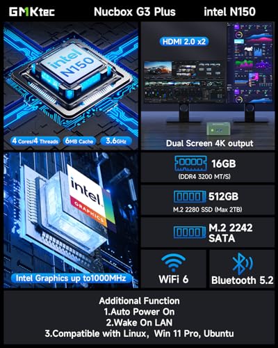 GMKtec Mini PC, Intel Twin Lake N150 (Upgraded N100), 16GB DDR4 RAM 512GB PCIe M.2 SSD, Desktop Computer 4K Dual HDMI/USB3.2/WiFi 6/BT5.2/2.5GbE RJ45 for Office, Business - Image 3