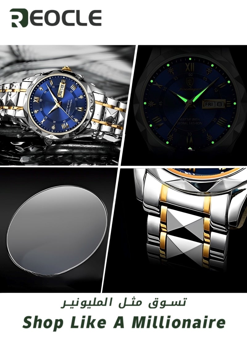 REOCLE Men's Quartz Watch Business Dress Analog Wrist Watch  with Diamond Dial & Stainless Steel Strap & Luminous Pointer & Date & Daily Waterproof  - Image 4