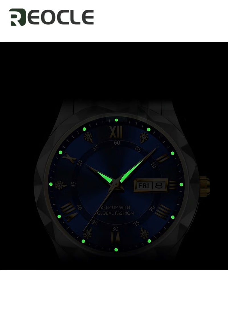 REOCLE Men's Quartz Watch Business Dress Analog Wrist Watch  with Diamond Dial & Stainless Steel Strap & Luminous Pointer & Date & Daily Waterproof  - Image 5